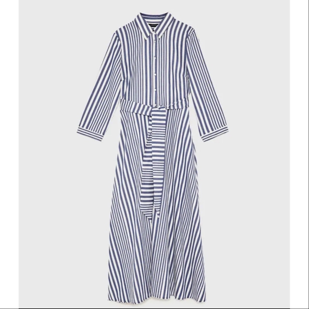 Zara Striped Shirt-Styke Blue and White Cotton Maxi Dress Tunic M
